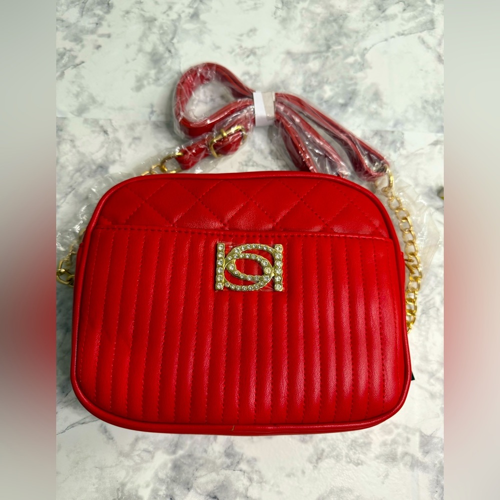 Bebe Red Quilted Hazel Rhinestone Crossbody Bag gold tone accents & strap